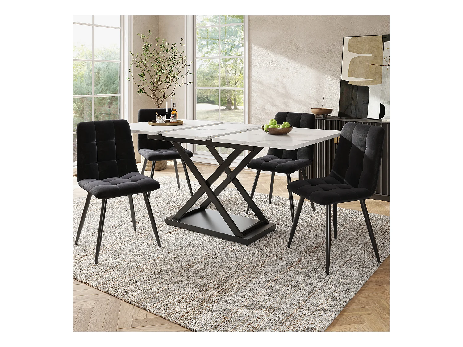 Ensemble table extensible avec 2 portes + 4 chaises en velours noir - 120/160 x 80 x 75 cm - Bois MDF et pièds en métal croissés - Blanc
