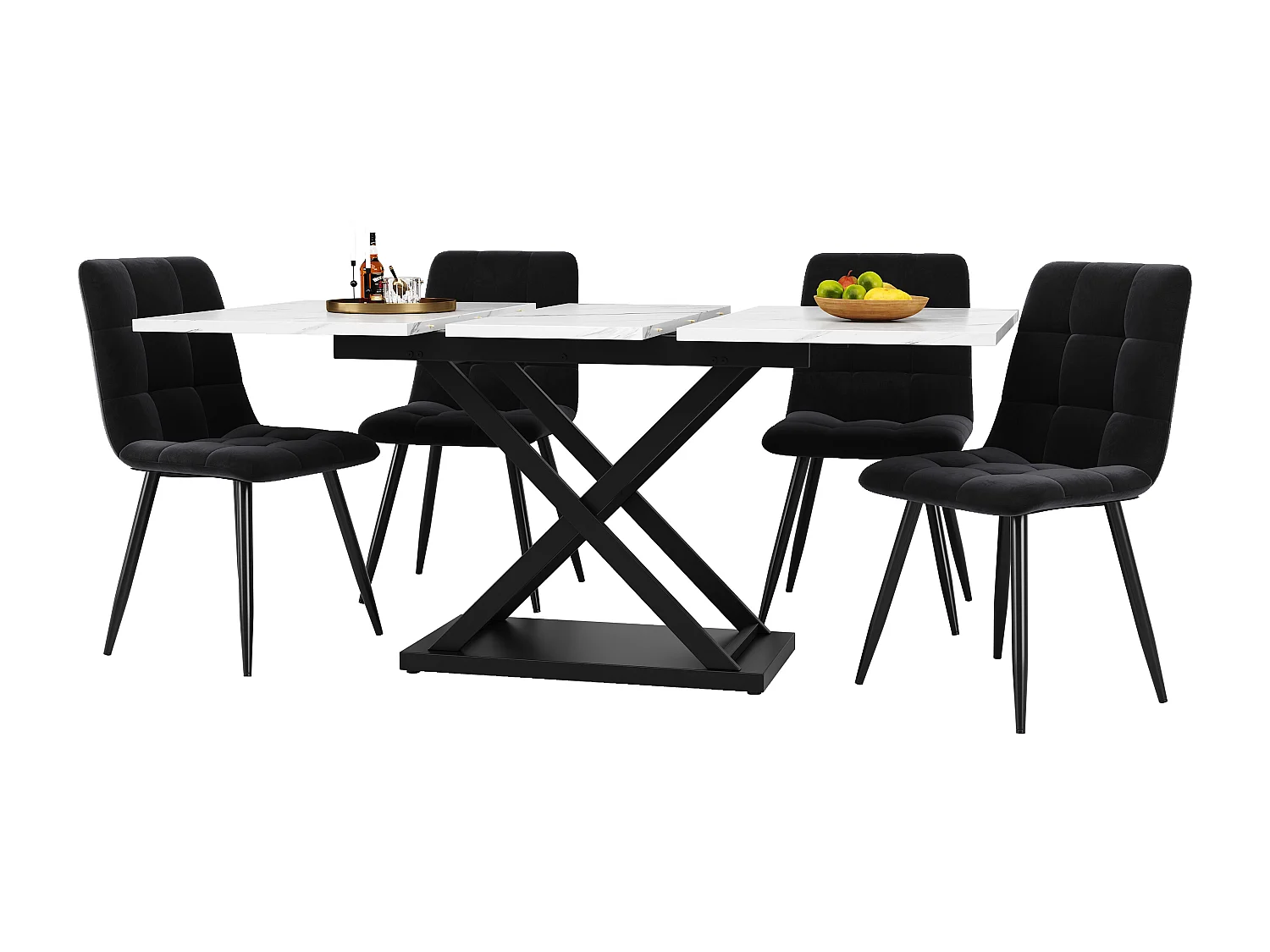 Ensemble table extensible avec 2 portes + 4 chaises en velours noir - 120/160 x 80 x 75 cm - Bois MDF et pièds en métal croissés - Blanc