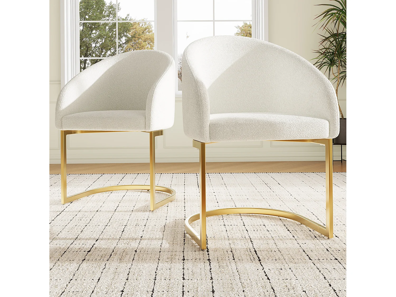 Juego de 2 sillas Cantilever con respaldo, sillas de comedor - 57 x 57,5 x 78 cm - Terciopelo Boucle y patas de hierro - Beige