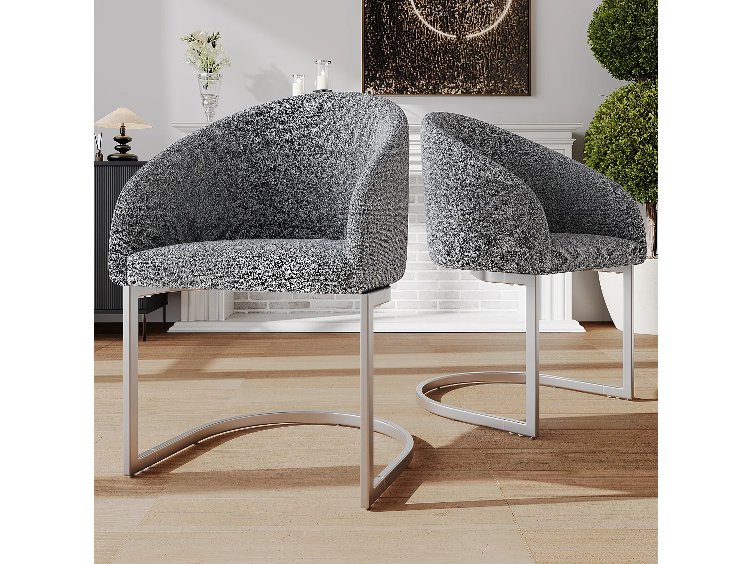Conjunto de 2 cadeiras cantilever com encosto, cadeiras de jantar - 57 x 57,5 x 78 cm - veludo boucle e pernas de ferro - cinza