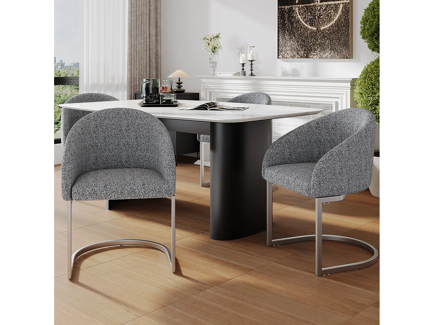 4er Set Freischwinger mit Rückenlehne, Esszimmerstühle - 57 x 57,5 x 78 cm - Bouclé-Samt und Eisenbeine - Grau