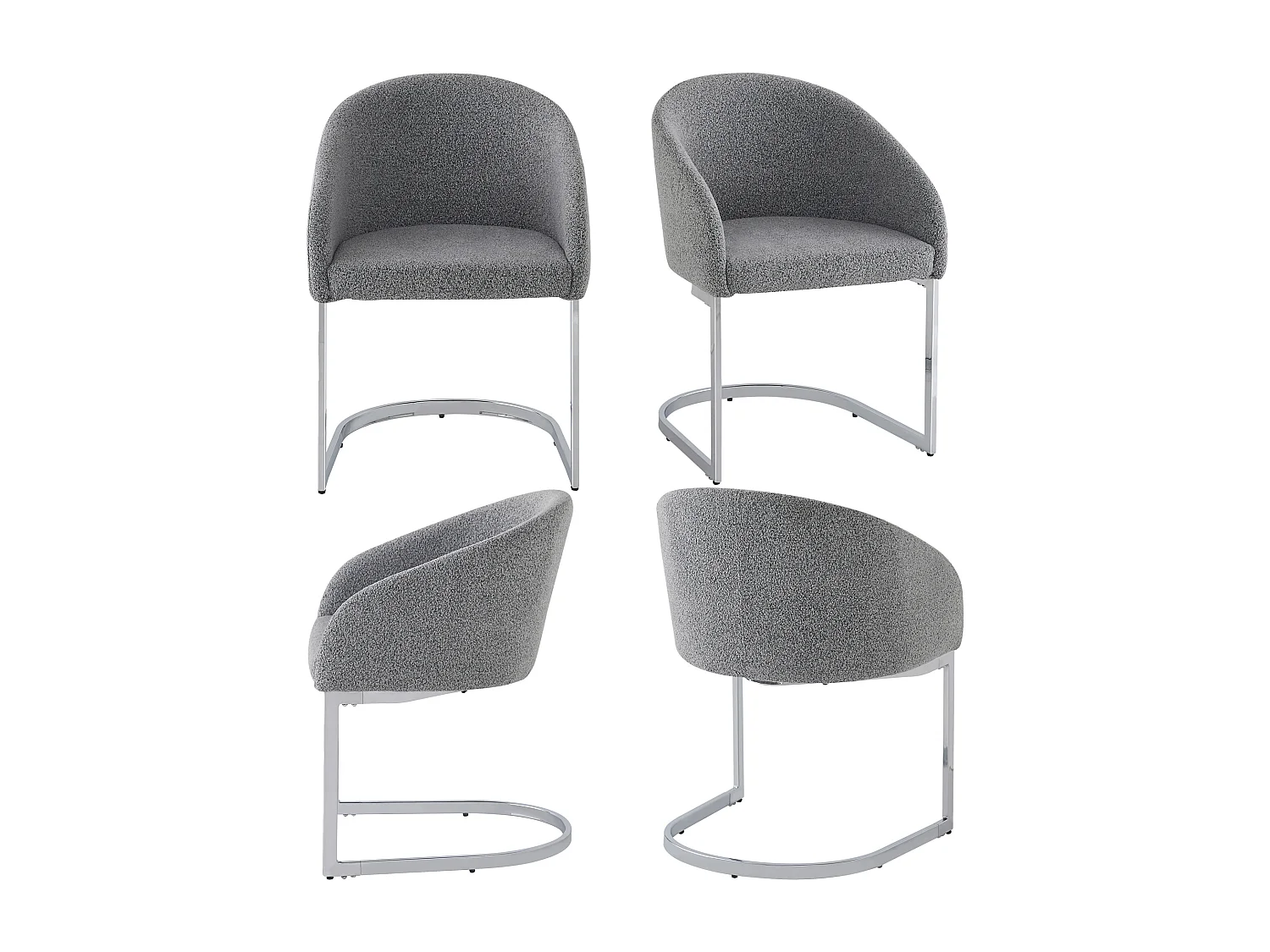 4er Set Freischwinger mit Rückenlehne, Esszimmerstühle - 57 x 57,5 x 78 cm - Bouclé-Samt und Eisenbeine - Grau