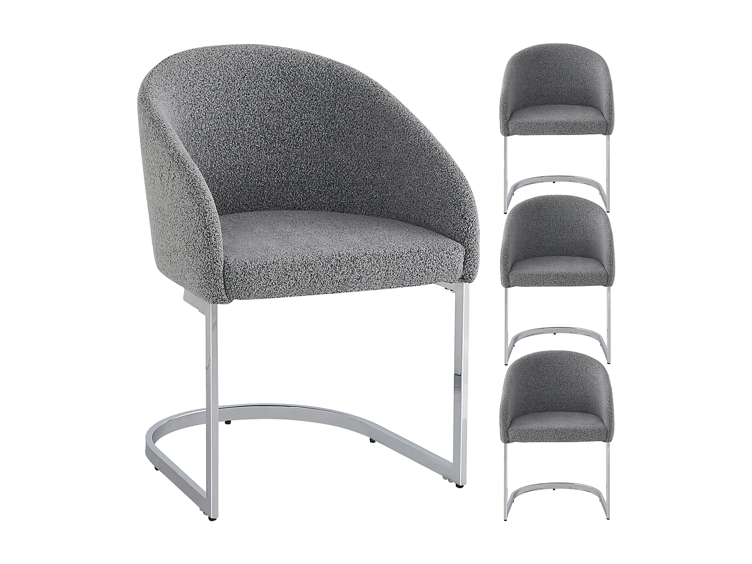 4er Set Freischwinger mit Rückenlehne, Esszimmerstühle - 57 x 57,5 x 78 cm - Bouclé-Samt und Eisenbeine - Grau