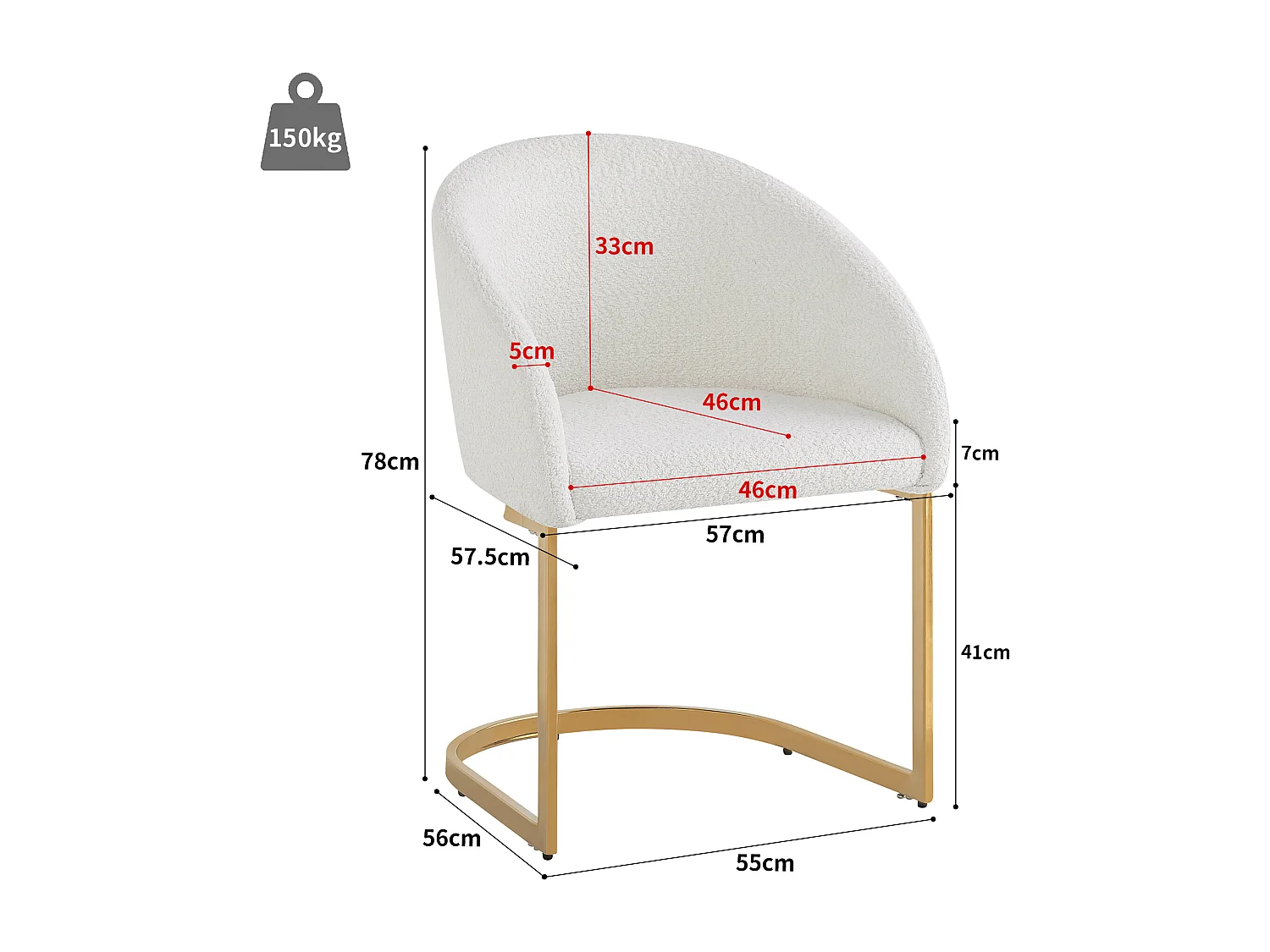 Set di 4 sedie a sbalzo con schienale, sedie da pranzo - 57 x 57,5 x 78 cm - velluto bouclé e gambe in ferro - beige