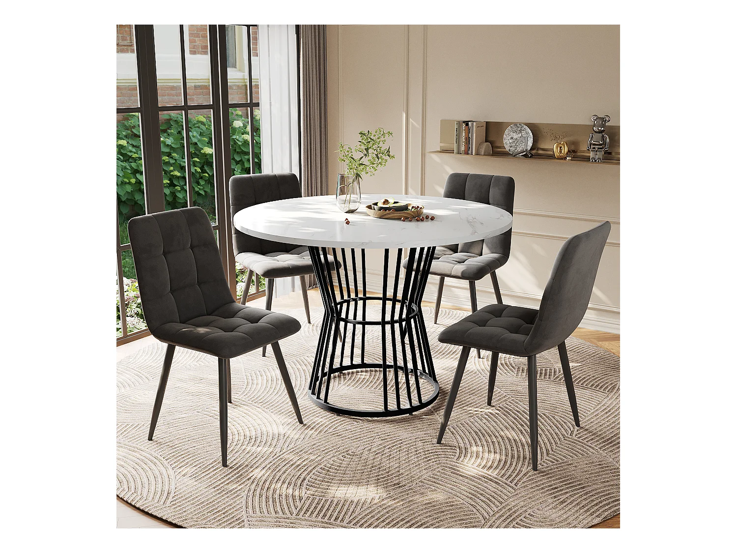 Ensemble table ronde + 4 chaises en velours - D 100 x H 75 cm - MDF et pièds en métal - Gris + blanc