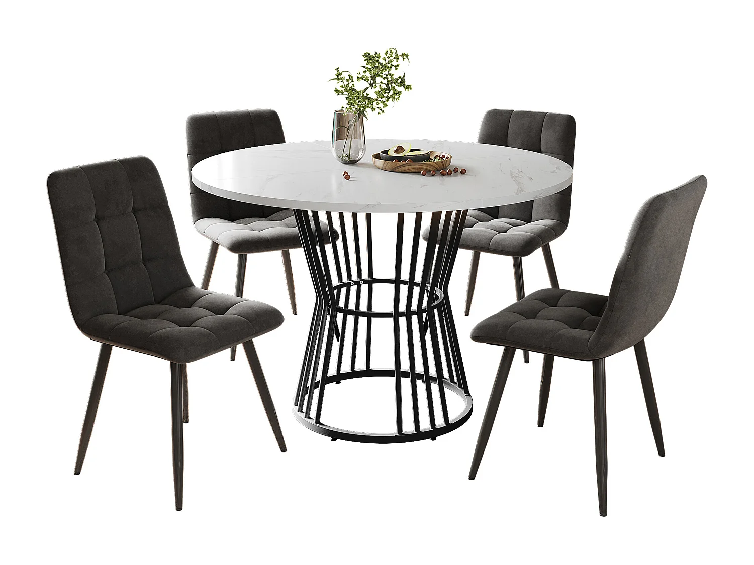 Ensemble table ronde + 4 chaises en velours - D 100 x H 75 cm - MDF et pièds en métal - Gris + blanc
