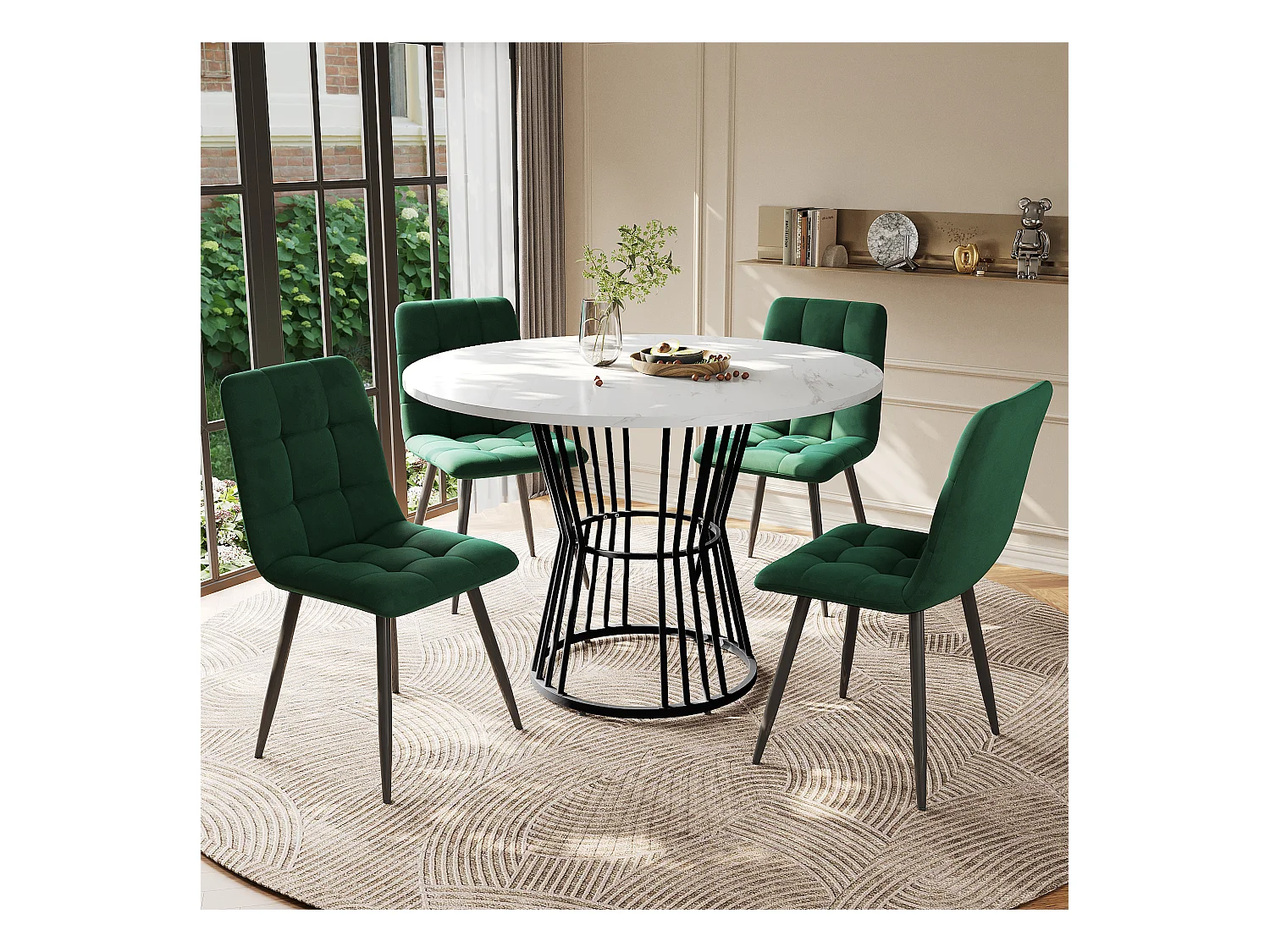 Ensemble table ronde + 4 chaises en velours - D 100 x H 75 cm - MDF et pièds en métal - Vert + blanc