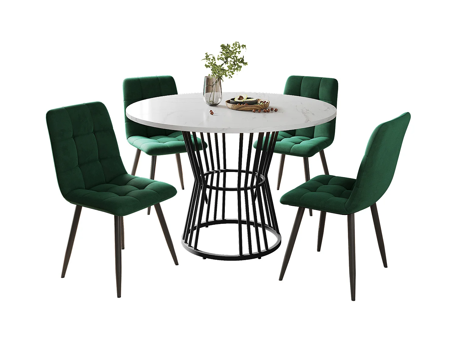 Ronde tafelset + 4 fluwelen stoelen - D 100 x H 75 cm - MDF en metalen poten - Groen + wit