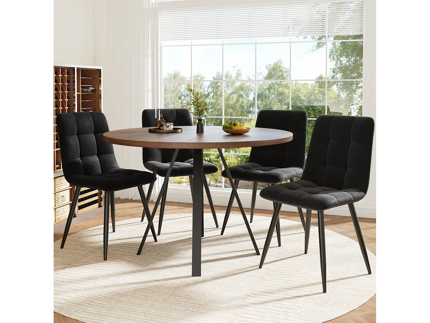 Ensemble table ronde + 4 chaises en velours noir sans accoudoirs - D 80 x H 75 cm - Bois MDF - Coloris noyer