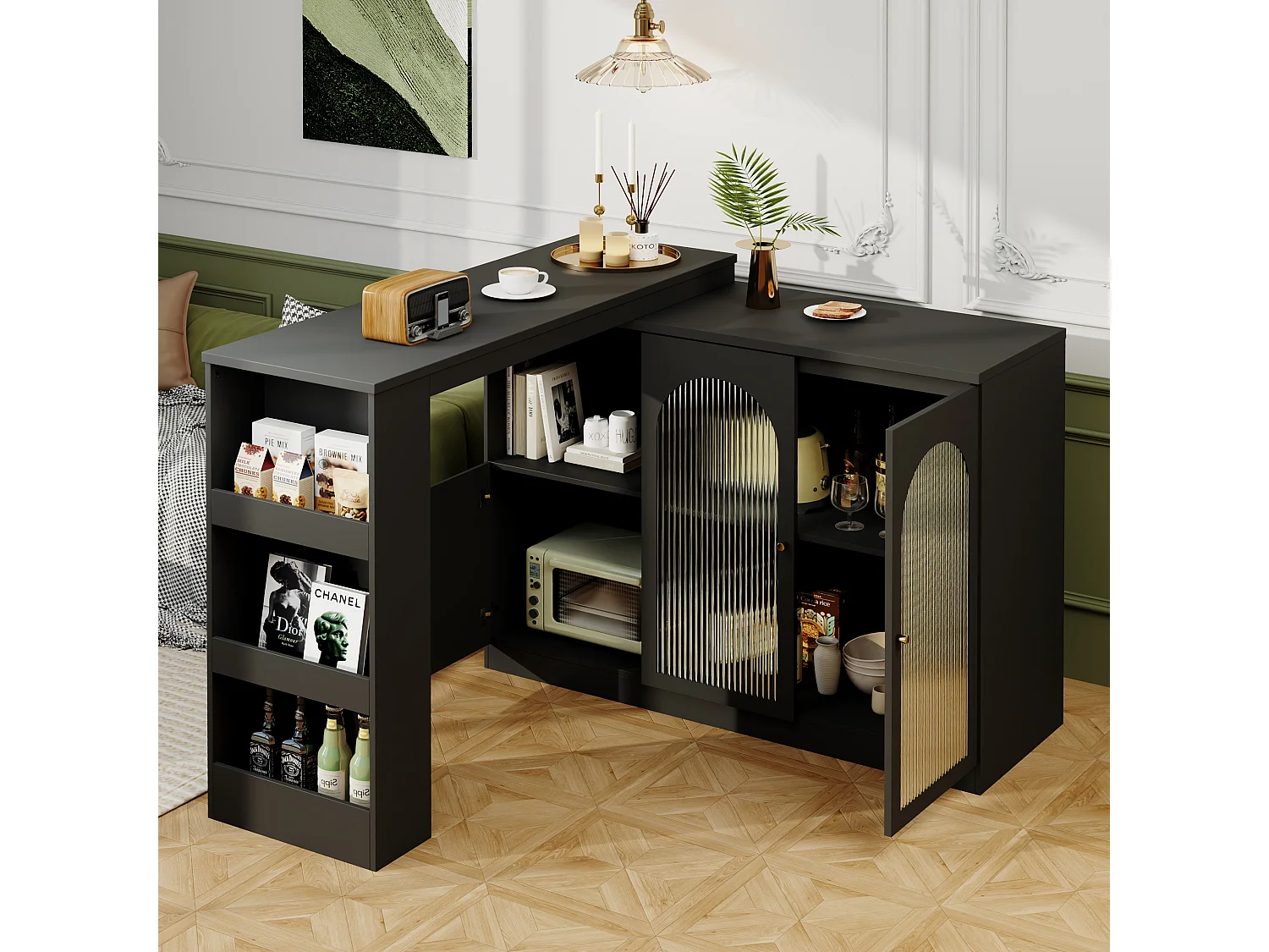 Draaibare barkast - 3 deuren en opbergplanken - MDF-hout en glas - voor eetkamer of woonkamer - Zwart