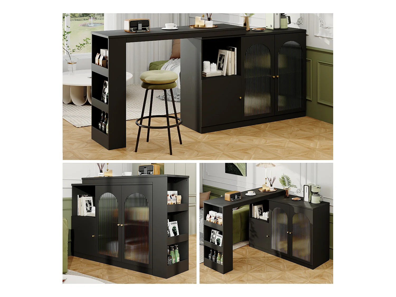Meuble de bar pivotant - 3 portes et étagères de rangement - Bois MDF et verre - pour salle à manger ou salon - Noir
