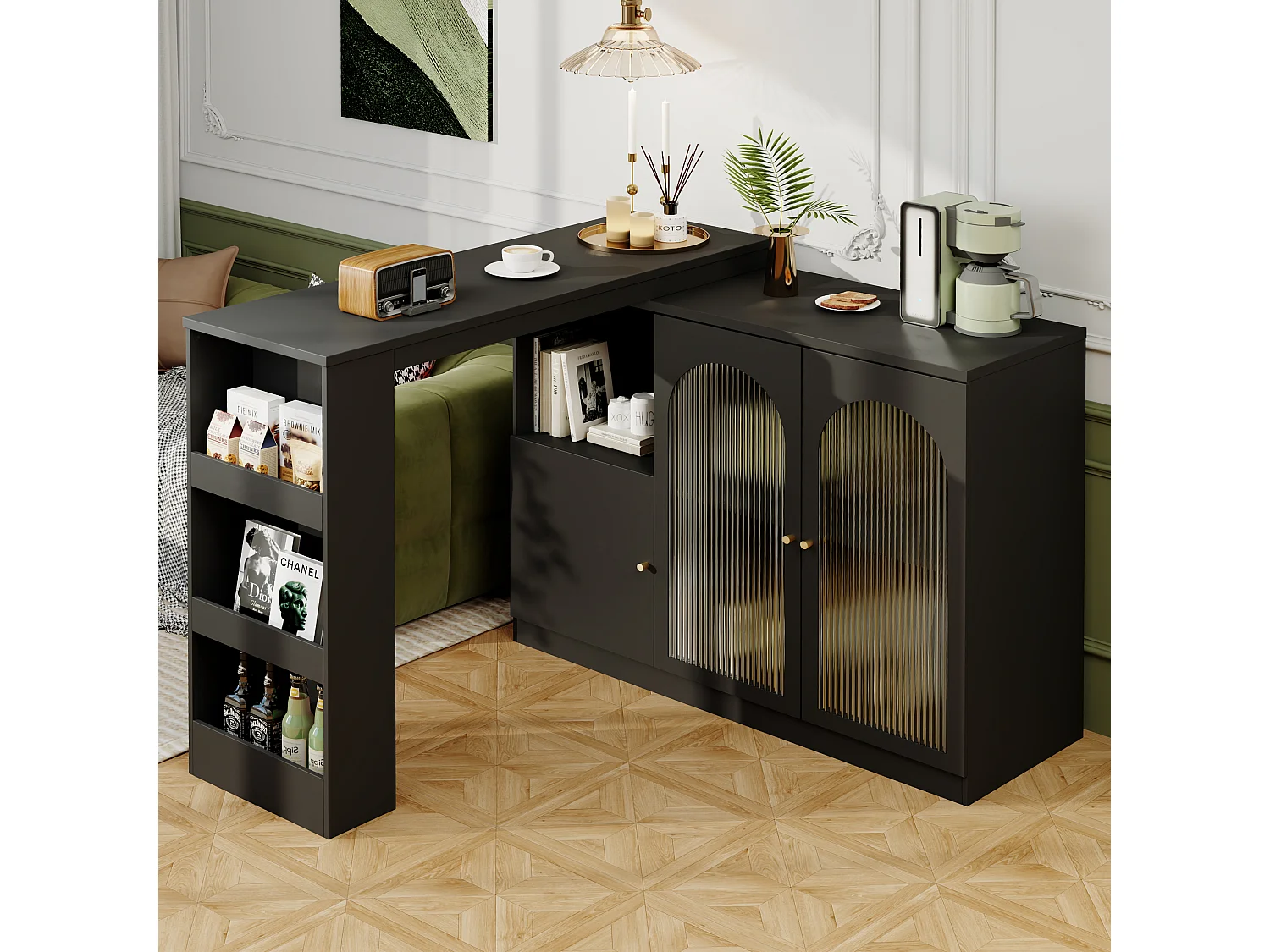 Meuble de bar pivotant - 3 portes et étagères de rangement - Bois MDF et verre - pour salle à manger ou salon - Noir