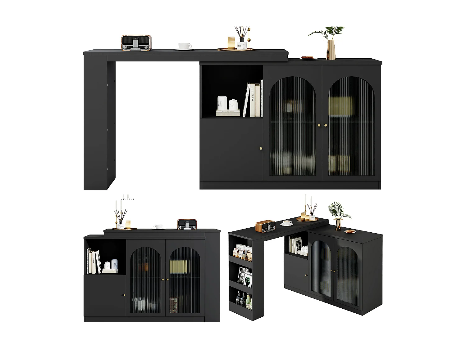 Draaibare barkast - 3 deuren en opbergplanken - MDF-hout en glas - voor eetkamer of woonkamer - Zwart