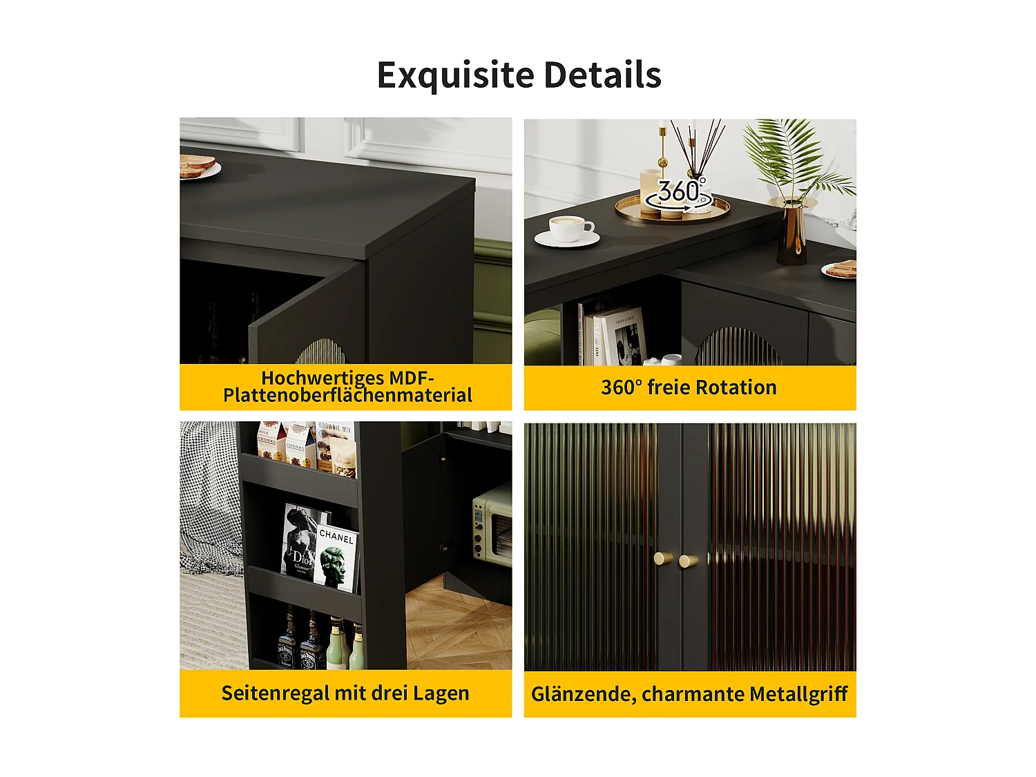 Draaibare barkast - 3 deuren en opbergplanken - MDF-hout en glas - voor eetkamer of woonkamer - Zwart