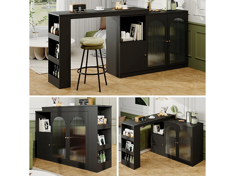 Drehbarer Barschrank – 3 Türen und Ablageflächen – MDF-Holz und Glas – für Esszimmer oder Wohnzimmer – Schwarz
