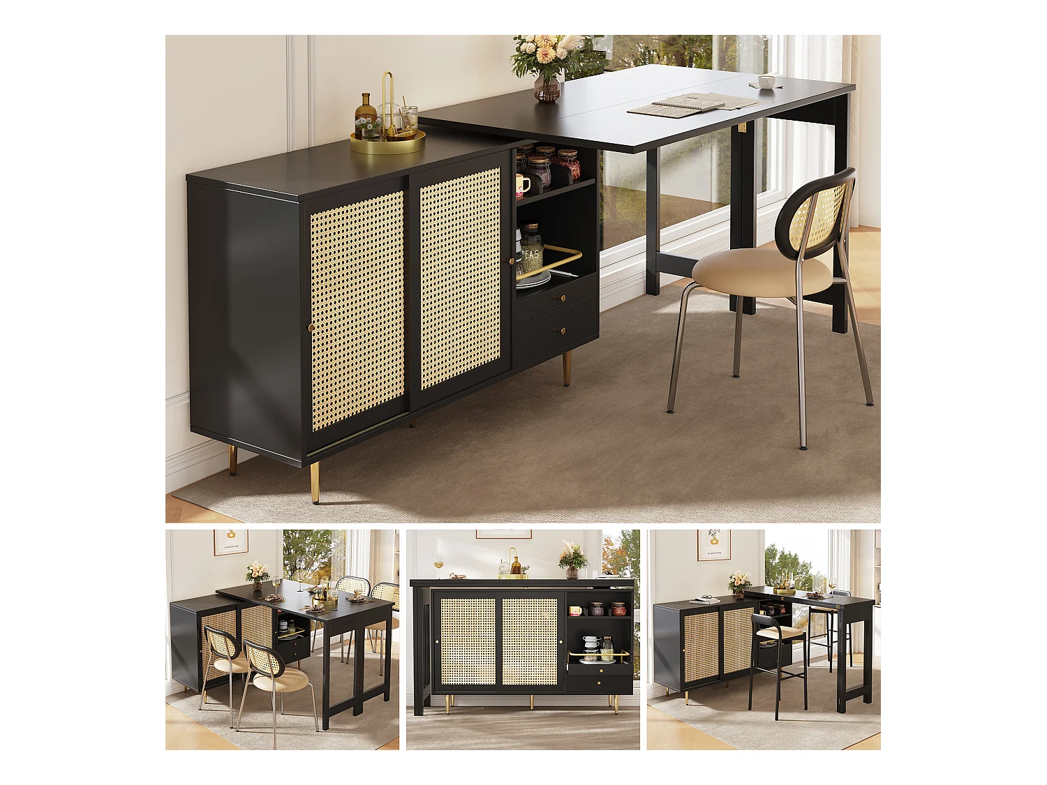 Meuble de bar pivotant - 2 portes, tiroirs et étagères de rangement - MDF et effet rotin - Noir