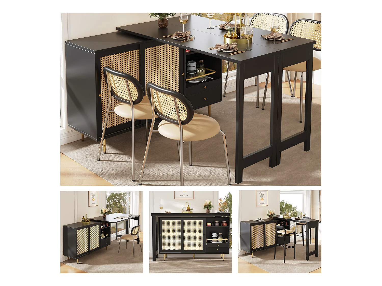 Meuble de bar pivotant - 2 portes, tiroirs et étagères de rangement - MDF et effet rotin - Noir