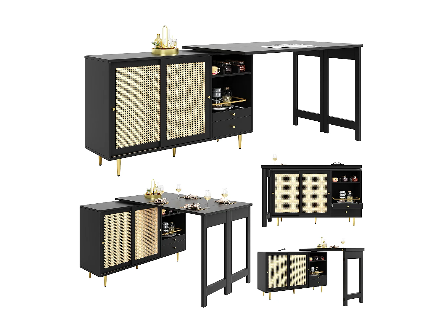 Meuble de bar pivotant - 2 portes, tiroirs et étagères de rangement - MDF et effet rotin - Noir