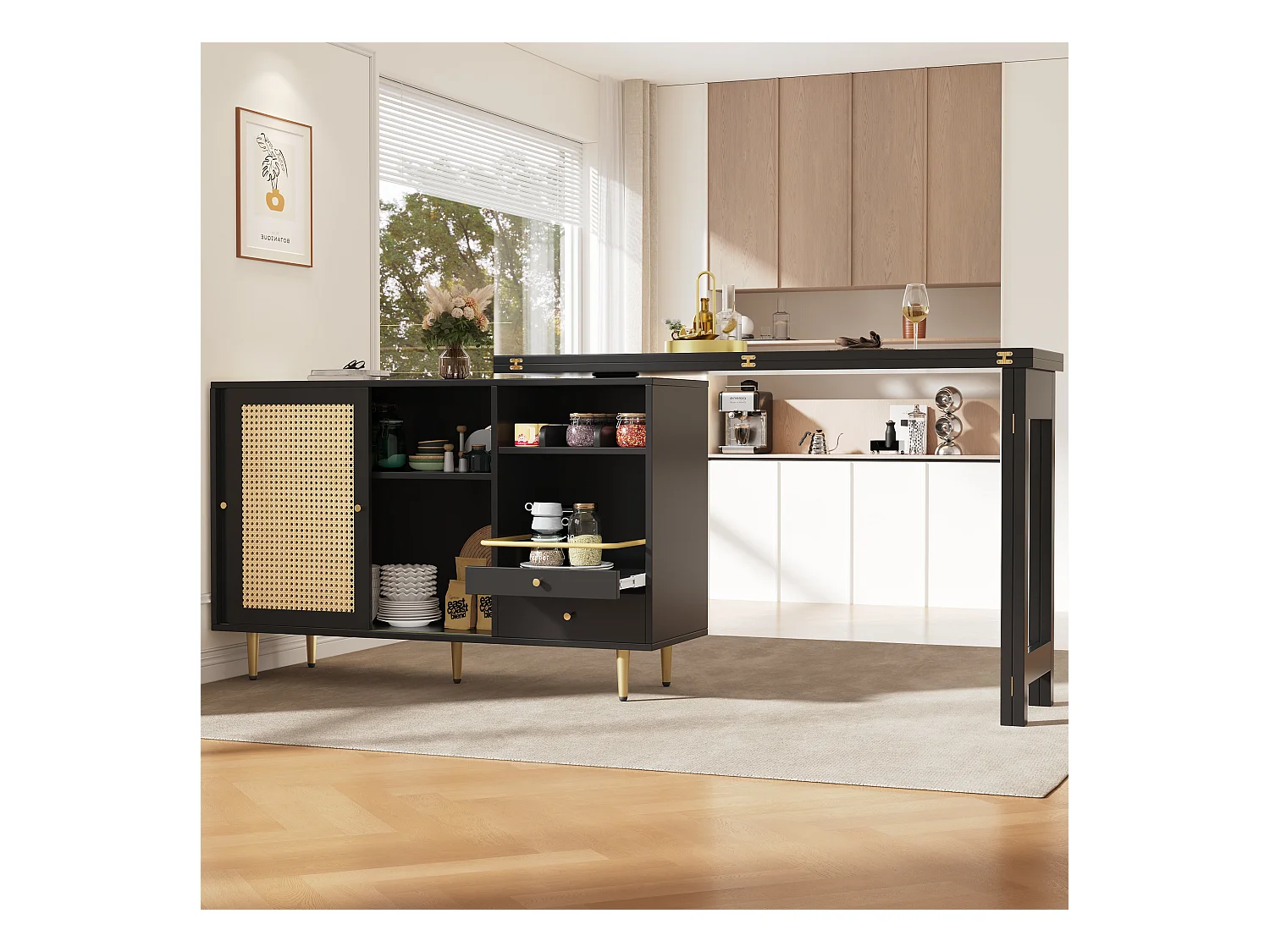 Meuble de bar pivotant - 2 portes, tiroirs et étagères de rangement - MDF et effet rotin - Noir