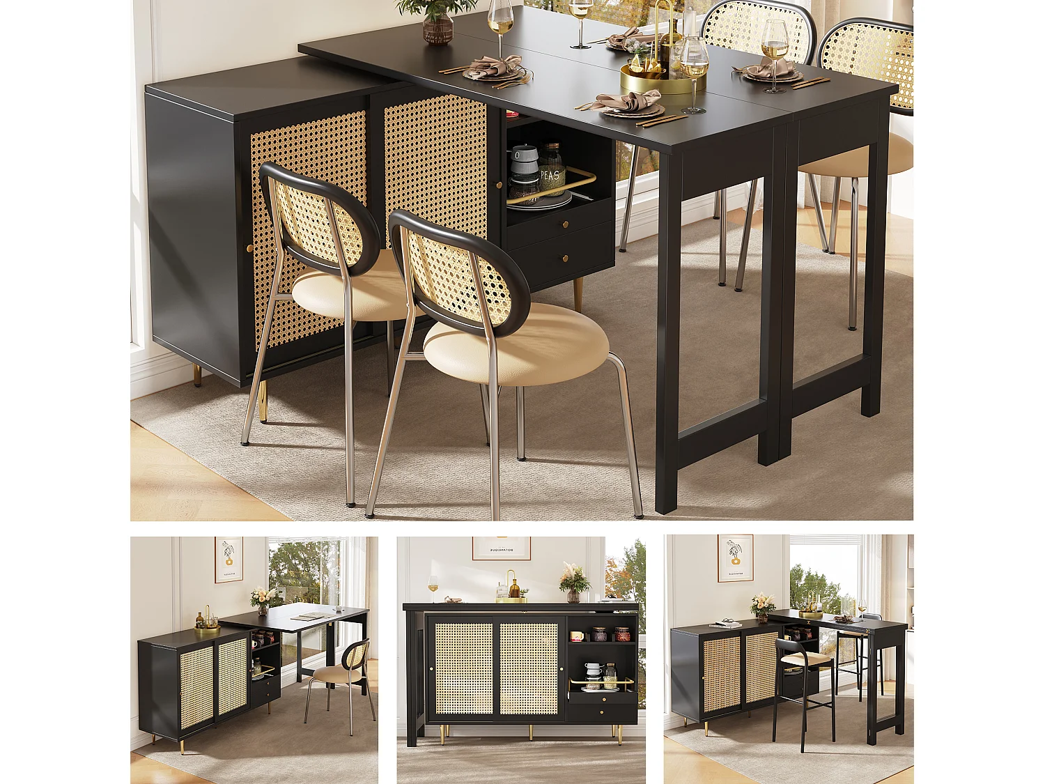 Meuble de bar pivotant - 2 portes, tiroirs et étagères de rangement - MDF et effet rotin - Noir