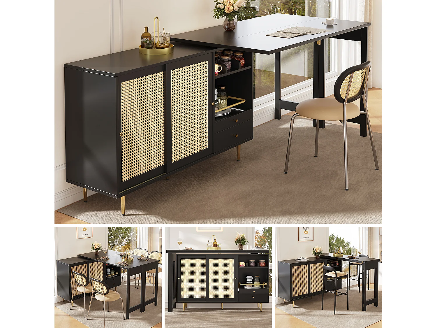 Meuble de bar pivotant - 2 portes, tiroirs et étagères de rangement - MDF et effet rotin - Noir