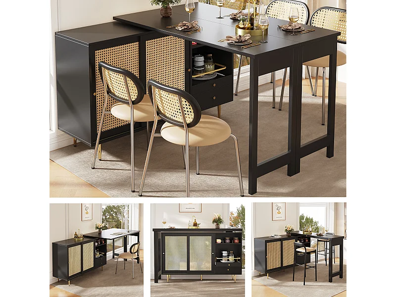 Mueble bar giratorio - 2 puertas, cajones y estantes de almacenaje - MDF y efecto ratán - Negro