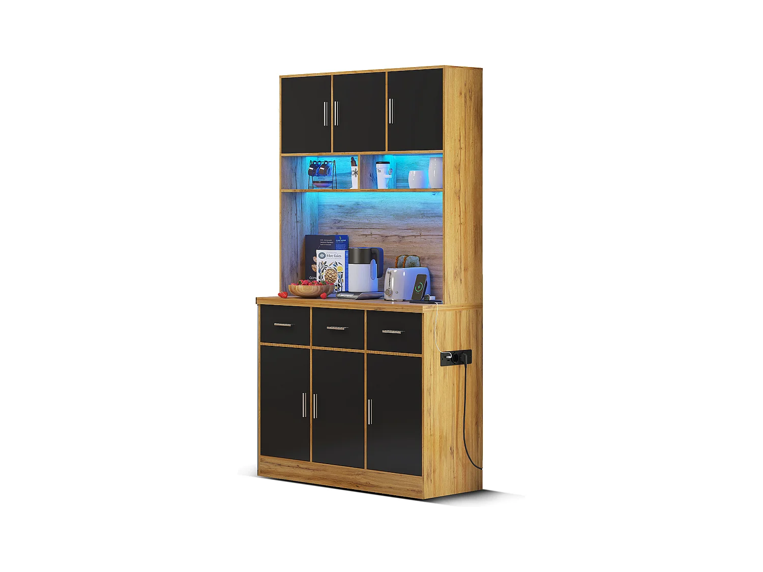 Buffet haut avec 6 portes et 3 tiroirs - 100 x 40 x 180 cm - LEDs et Port de chargement - Bois MDF - Etagères réglables - Noir et naturel