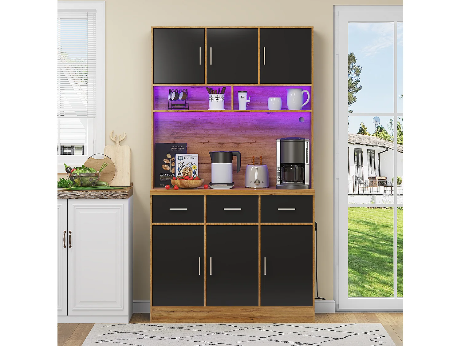 Buffet haut avec 6 portes et 3 tiroirs - 100 x 40 x 180 cm - LEDs et Port de chargement - Bois MDF - Etagères réglables - Noir et naturel