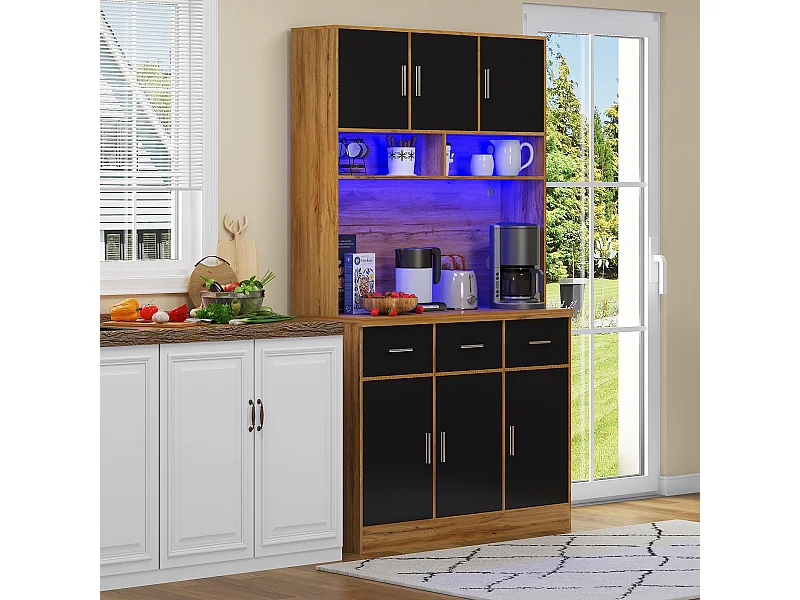 Hohes Sideboard mit 6 Türen und 3 Schubladen - 100 x 40 x 180 cm - LEDs und Ladeanschluss - MDF-Holz - Verstellbare Regale - Schwarz und Natur