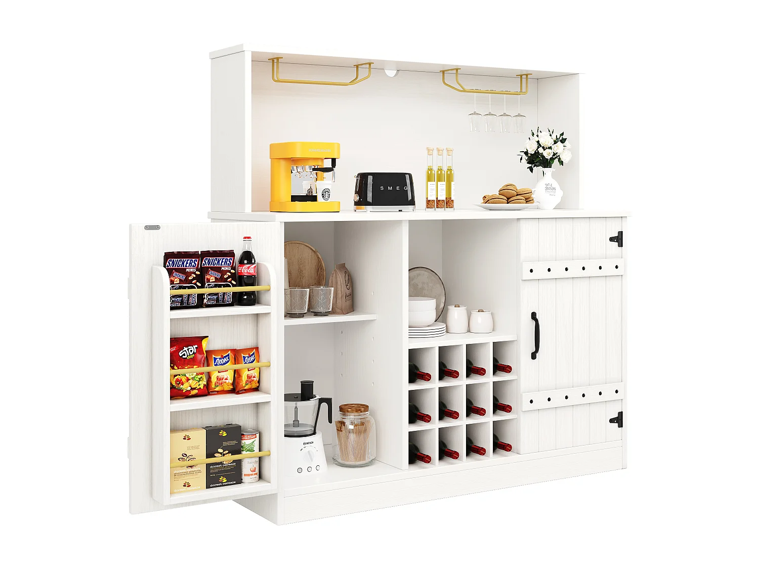 Dressoir met 3 deuren en 12 flessenhouders - 120 x 40 x 120 cm - MDF - voor woonkamer, eetkamer - Wit