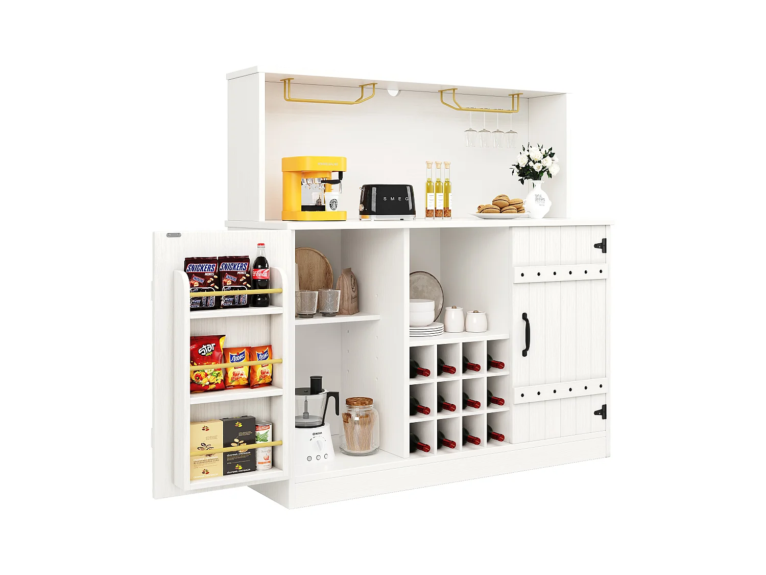 Buffet avec avec 3 portes et 12 Porte-Bouteilles - 120 x 40 x 120 cm - MDF - pour salon, salle à manger - Blanc