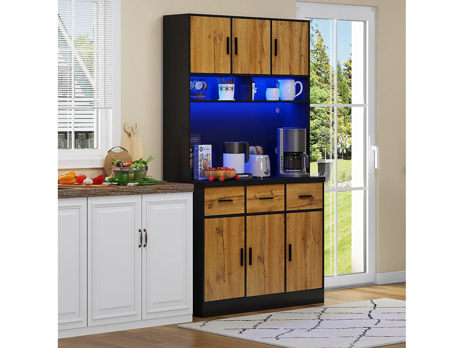 Credenza alta con 6 ante e 3 cassetti - 100 x 40 x 180 cm - LED e porta di ricarica - Legno MDF - Ripiani regolabili - Naturale + nero