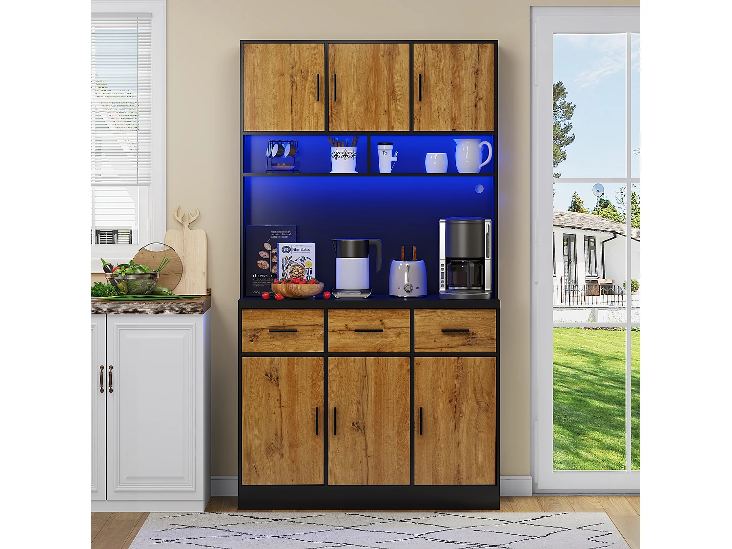 Credenza alta con 6 ante e 3 cassetti - 100 x 40 x 180 cm - LED e porta di ricarica - Legno MDF - Ripiani regolabili - Naturale + nero