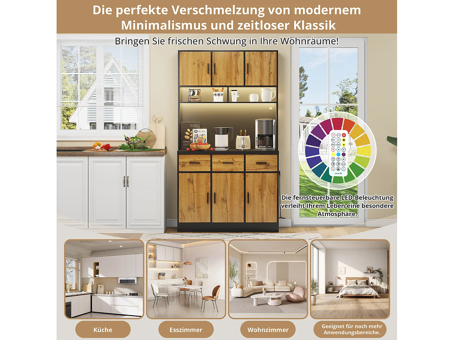 Credenza alta con 6 ante e 3 cassetti - 100 x 40 x 180 cm - LED e porta di ricarica - Legno MDF - Ripiani regolabili - Naturale + nero