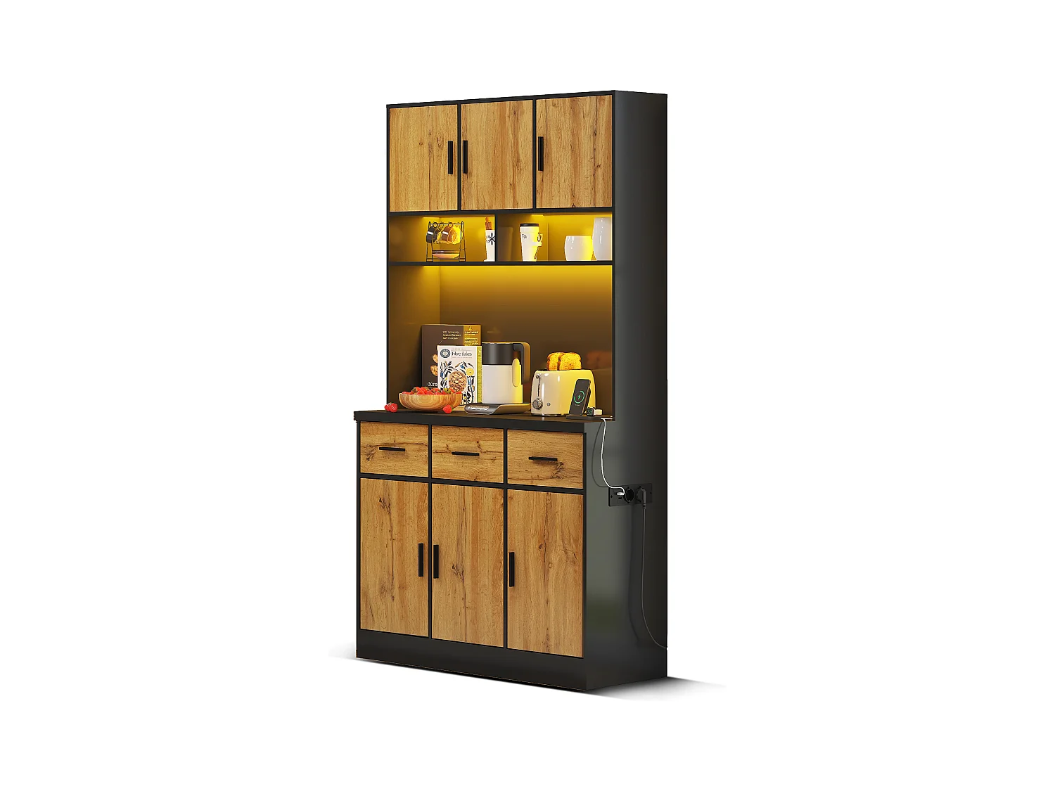 Buffet haut avec 6 portes et 3 tiroirs - 100 x 40 x 180 cm - LEDs et Port de chargement - Bois MDF - Etagères réglables - Naturel + noir