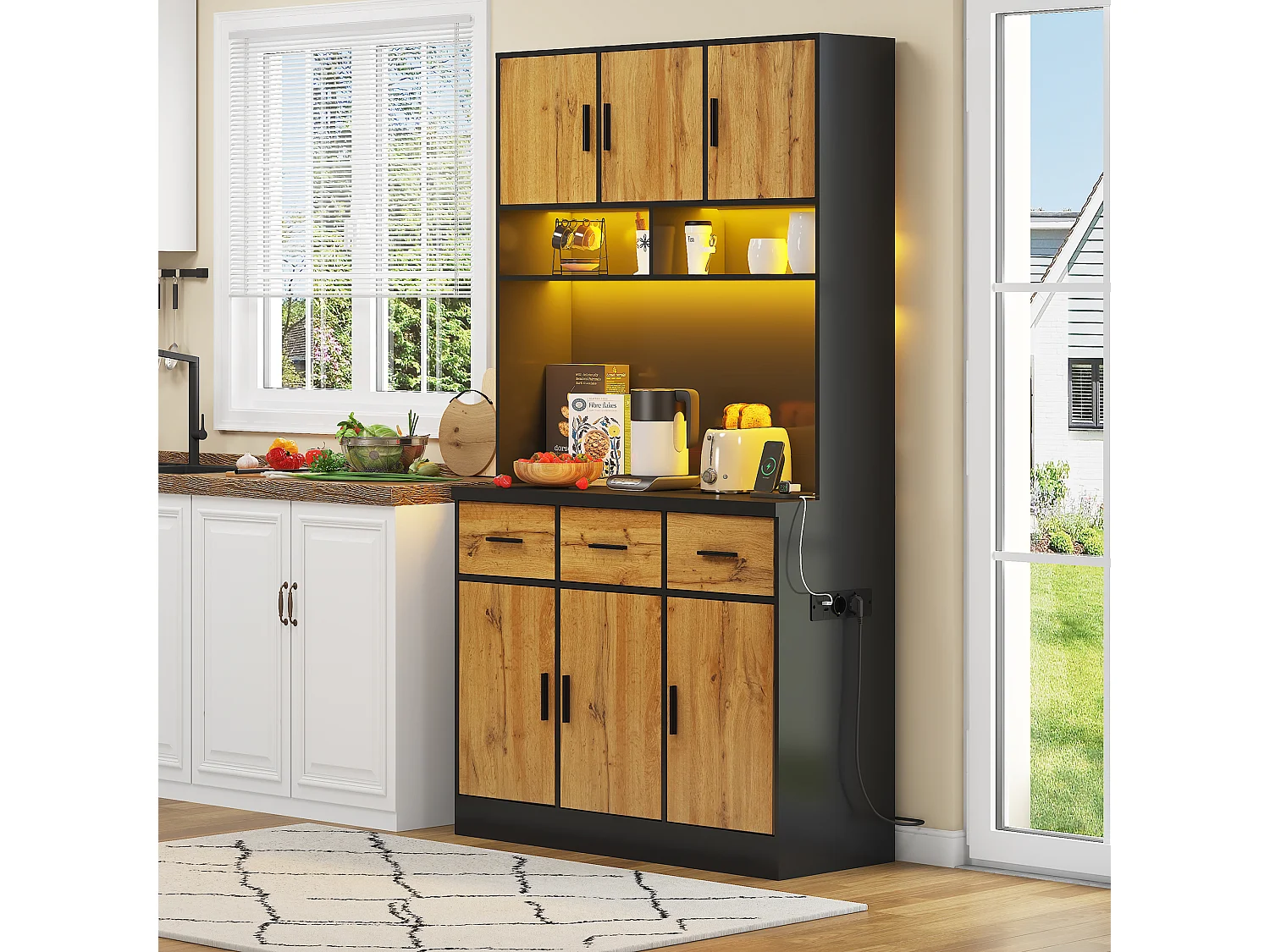 Buffet haut avec 6 portes et 3 tiroirs - 100 x 40 x 180 cm - LEDs et Port de chargement - Bois MDF - Etagères réglables - Naturel + noir