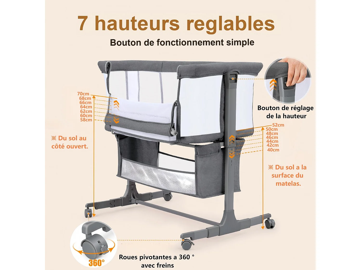 Crododo Crododo, 7 altezze regolabili, con materasso e borsa di stoccaggio, parete laterale pieghevole, ruote girevoli a 360 ° con freno