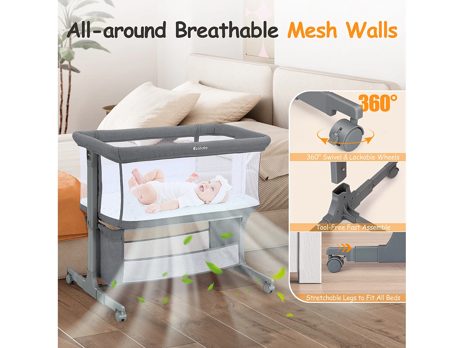 Crododo Crododo, 7 altezze regolabili, con materasso e borsa di stoccaggio, parete laterale pieghevole, ruote girevoli a 360 ° con freno