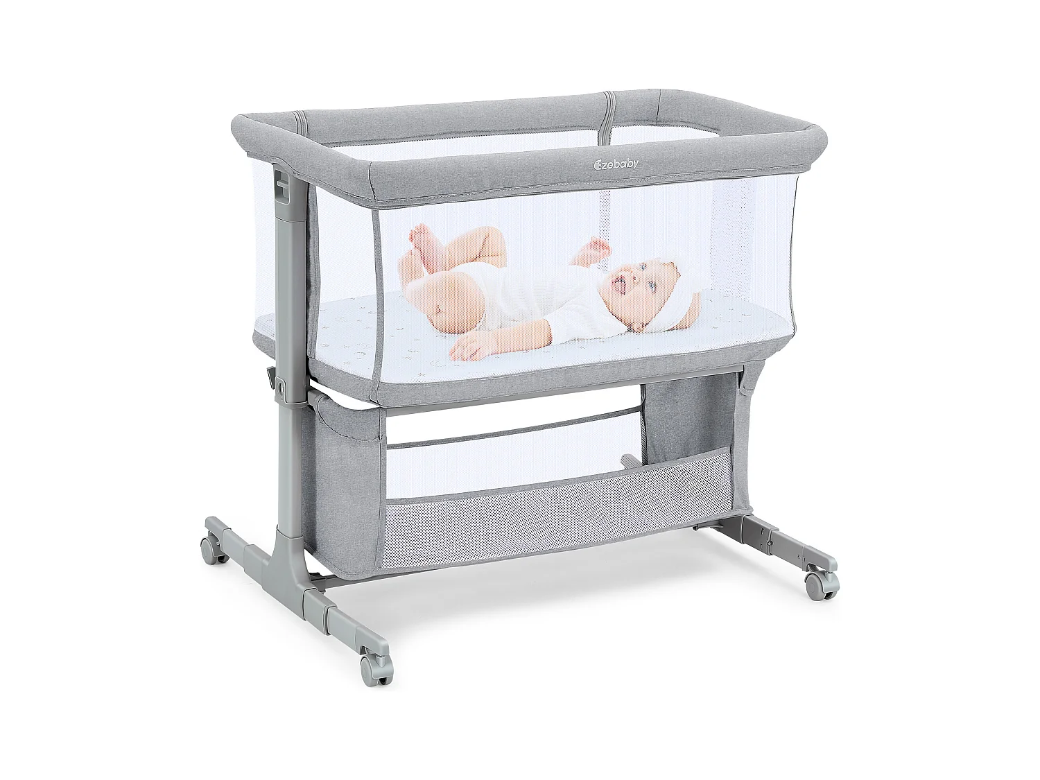 Berceau Cododo, 7 Hauteurs Réglables, avec matelas et sac de Rangement, paroi latérale pliable, roues pivotantes à 360° avec frein