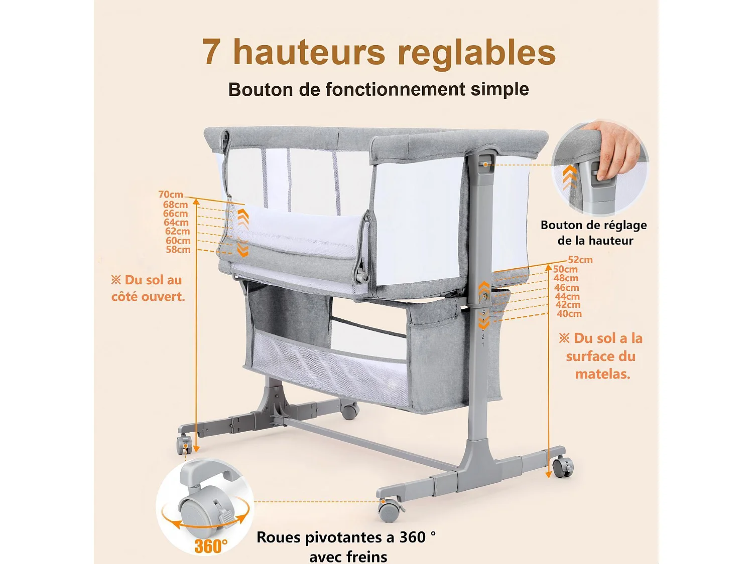 Cododo Cradle, 7 einstellbare Höhen, mit Matratz- und Aufbewahrungsbeutel, faltbare Seitenwand, 360 ° Drehräder mit Bremse