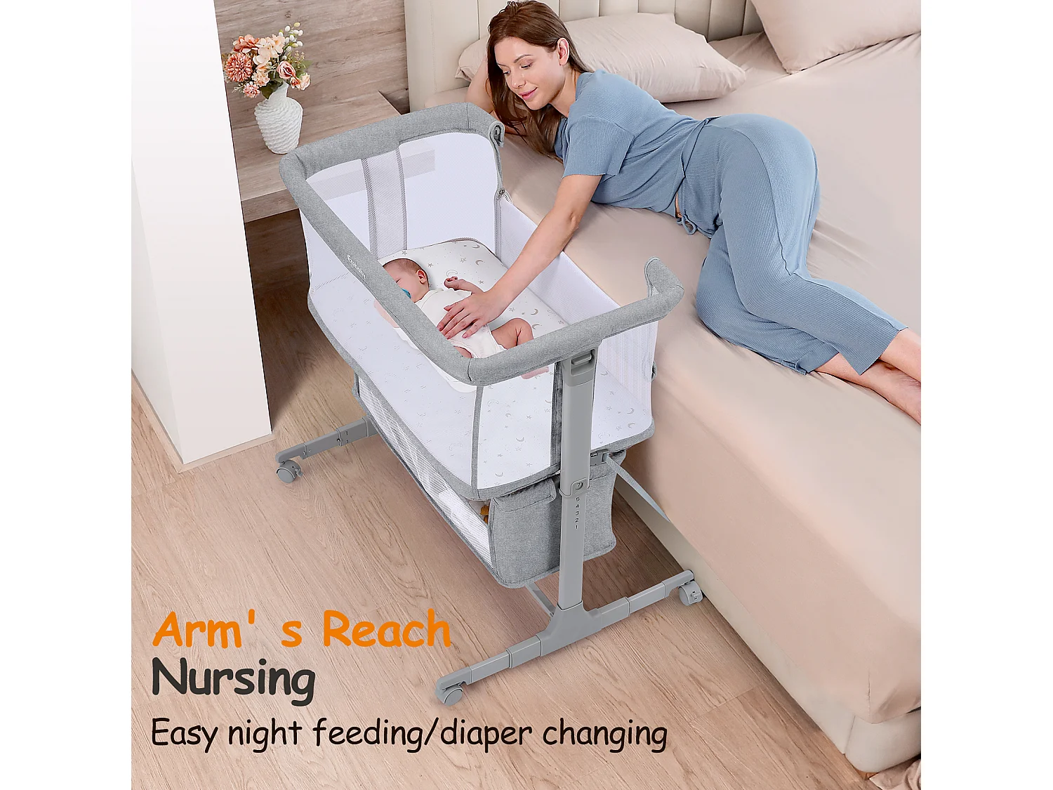 Cododo Cradle, 7 einstellbare Höhen, mit Matratz- und Aufbewahrungsbeutel, faltbare Seitenwand, 360 ° Drehräder mit Bremse