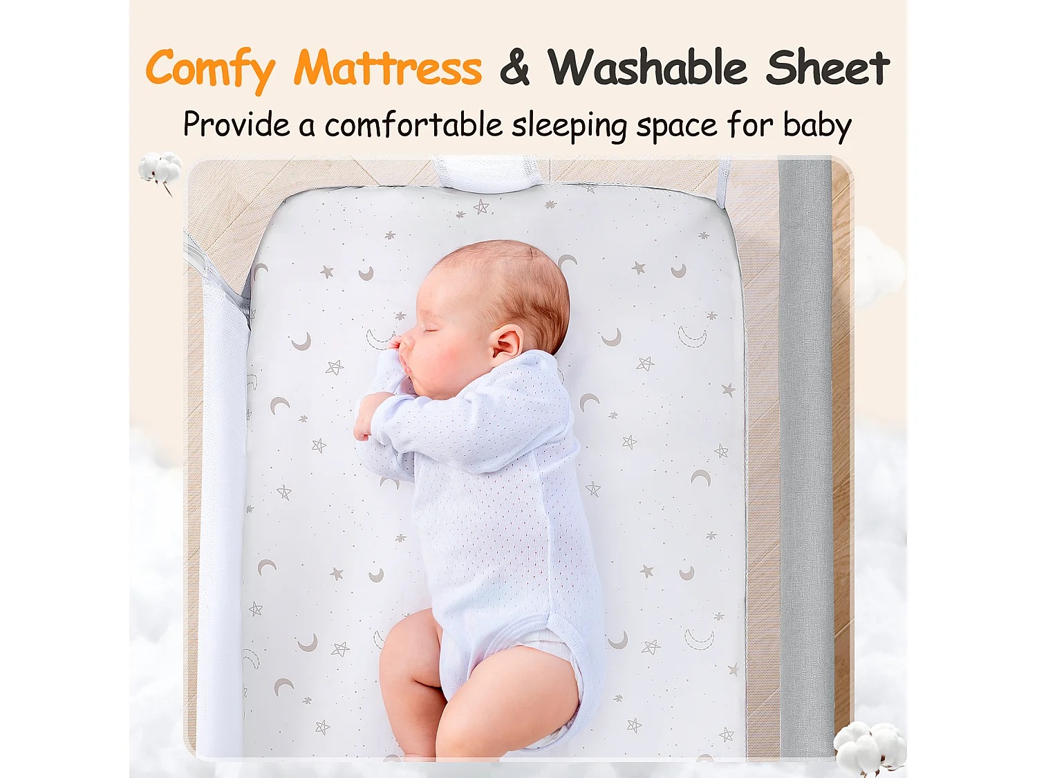 Cododo Cradle, 7 einstellbare Höhen, mit Matratz- und Aufbewahrungsbeutel, faltbare Seitenwand, 360 ° Drehräder mit Bremse