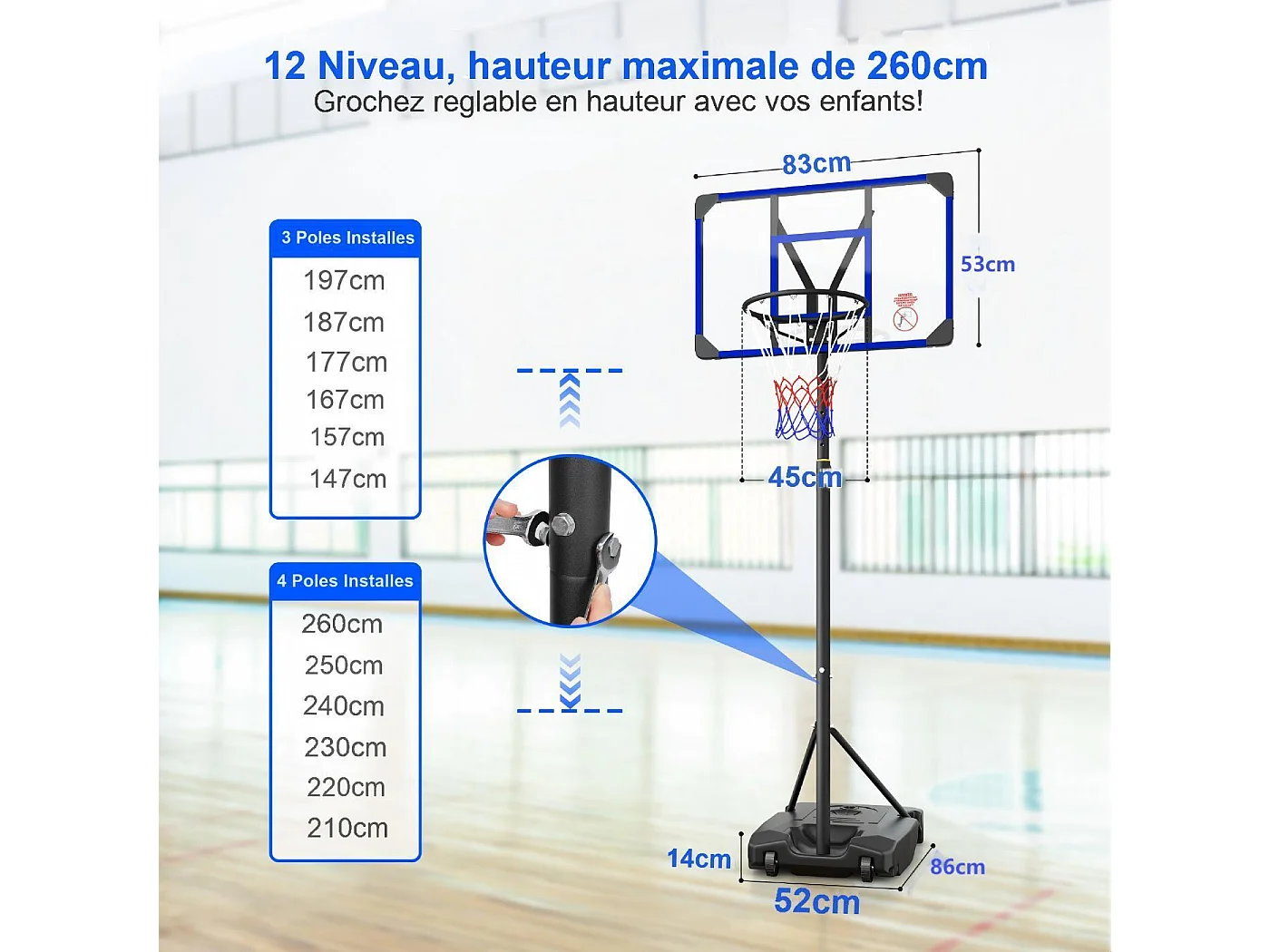 Panier de Basket-Ball, Hauteur Réglable 147-260CM, avec 83x53cm Mur de dos PC et base agrandie, 2 roues, pour Enfant/Adultes - 86x83x260cm