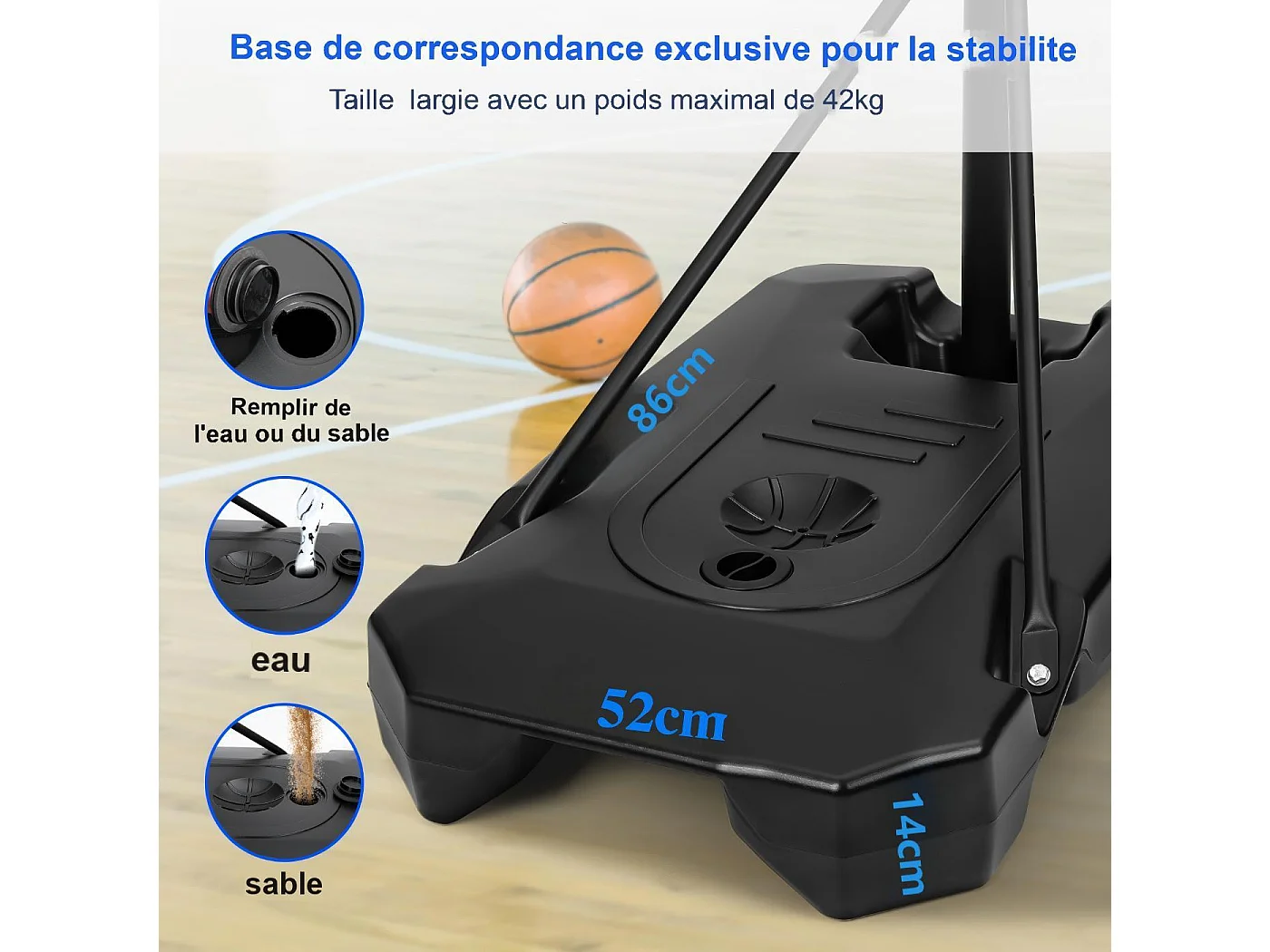 Panier de Basket-Ball, Hauteur Réglable 147-260CM, avec 83x53cm Mur de dos PC et base agrandie, 2 roues, pour Enfant/Adultes - 86x83x260cm