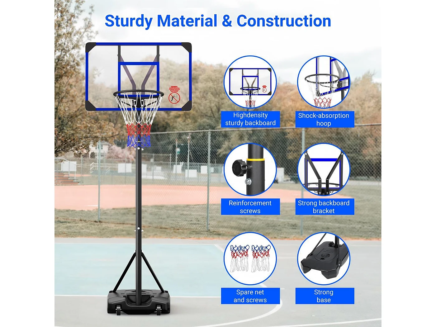 Panier de Basket-Ball, Hauteur Réglable 147-260CM, avec 83x53cm Mur de dos PC et base agrandie, 2 roues, pour Enfant/Adultes - 86x83x260cm