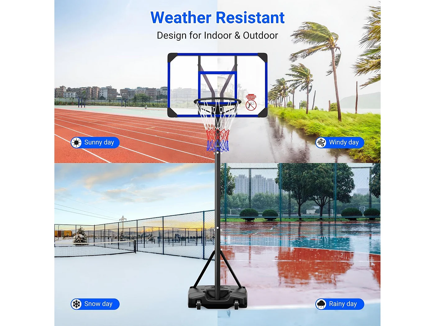 Panier de Basket-Ball, Hauteur Réglable 147-260CM, avec 83x53cm Mur de dos PC et base agrandie, 2 roues, pour Enfant/Adultes - 86x83x260cm