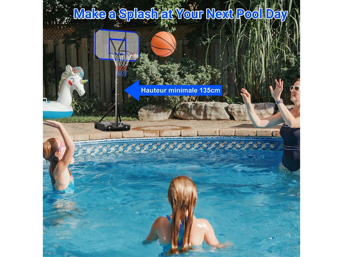 Panier de Basket-Ball, Hauteur Réglable 147-260CM, avec 83x53cm Mur de dos PC et base agrandie, 2 roues, pour Enfant/Adultes - 86x83x260cm