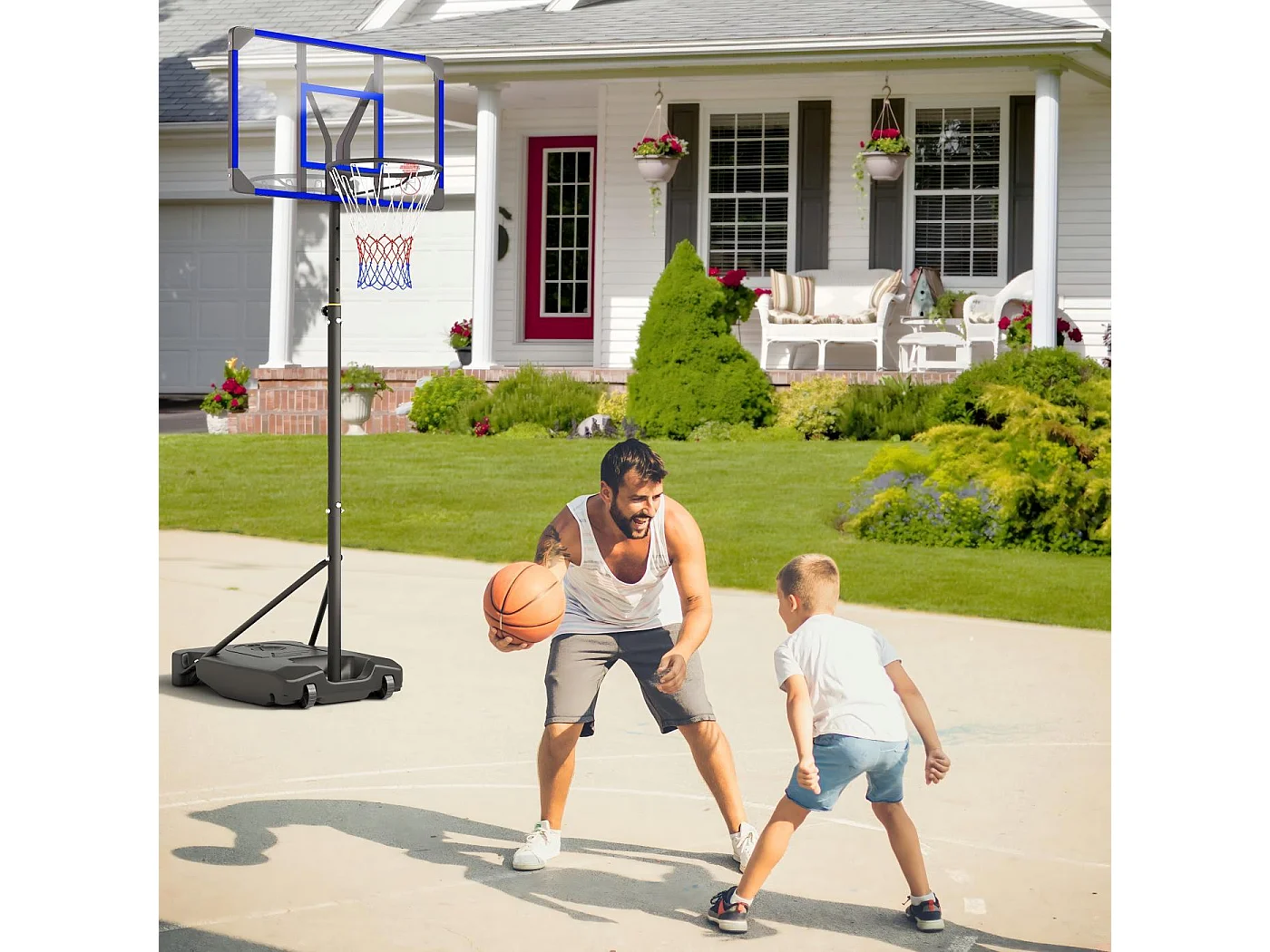 Panier de Basket-Ball, Hauteur Réglable 147-260CM, avec 83x53cm Mur de dos PC et base agrandie, 2 roues, pour Enfant/Adultes - 86x83x260cm