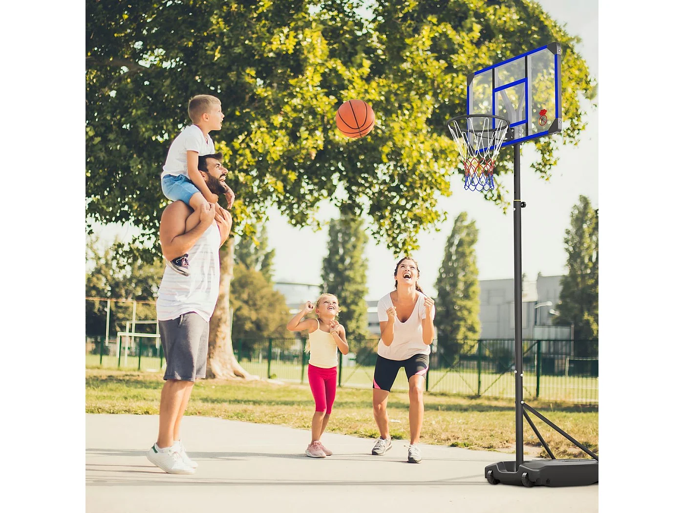 Panier de Basket-Ball, Hauteur Réglable 147-260CM, avec 83x53cm Mur de dos PC et base agrandie, 2 roues, pour Enfant/Adultes - 86x83x260cm