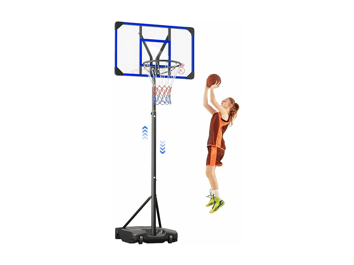 Panier de Basket-Ball, Hauteur Réglable 147-260CM, avec 83x53cm Mur de dos PC et base agrandie, 2 roues, pour Enfant/Adultes - 86x83x260cm